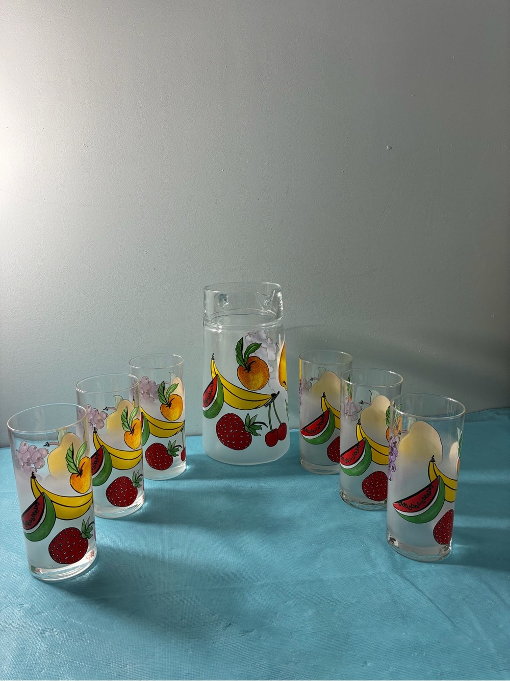 Vintage Fruit Pattern Frosted Glass Pitcher and Tumbler Set from France